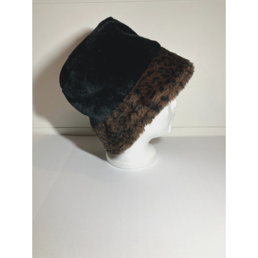 Women's Winter Black Plush Leopard Rim‎ Print Faux Fur Fuzzy Warm Bucket Hat 90s